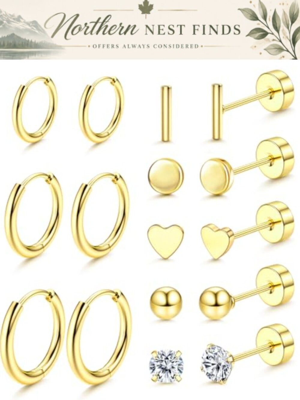 Surgical Steel Stud & Hoop Earrings Set Hypoallergenic Flat Back for Women